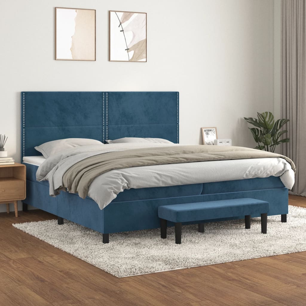 sötétkék bársony rugós ágy matraccal 200x200 cm