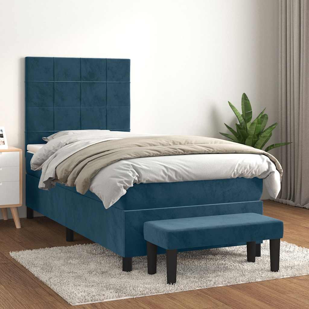 sötétkék bársony rugós ágy matraccal 90 x 200 cm