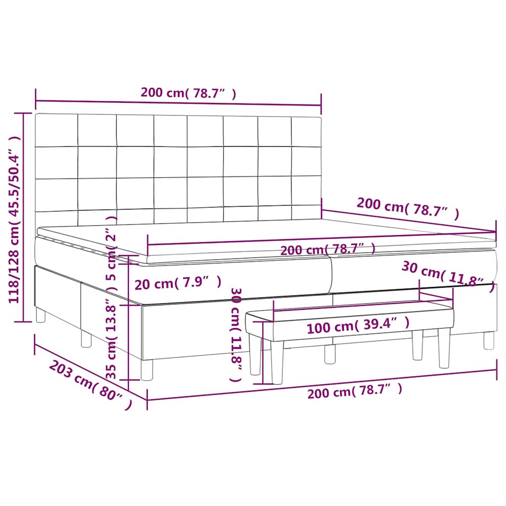 sötétkék bársony rugós ágy matraccal 200x200 cm