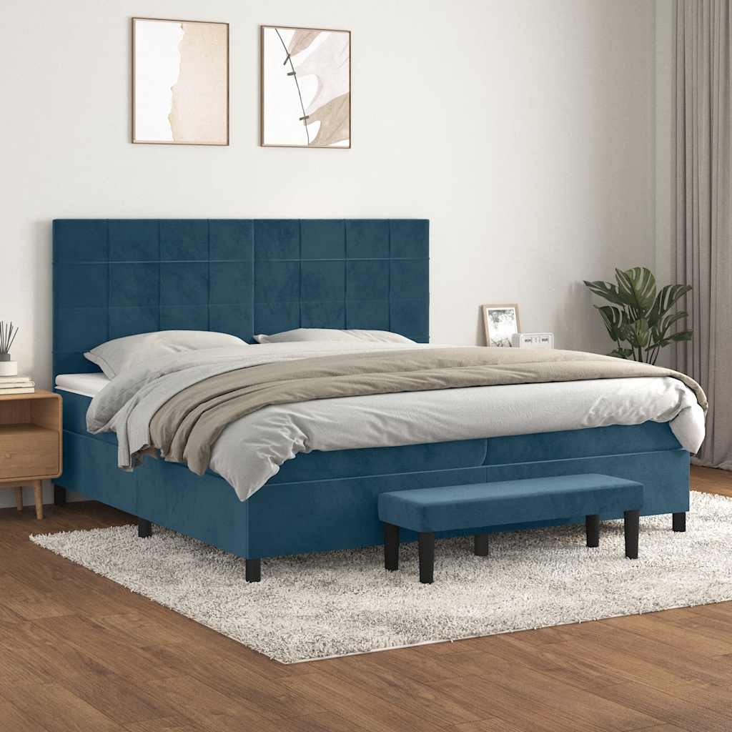 sötétkék bársony rugós ágy matraccal 200x200 cm