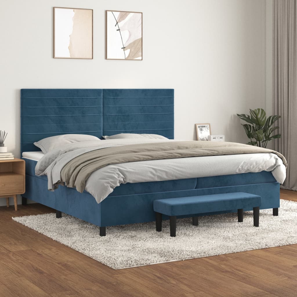 sötétkék bársony rugós ágy matraccal 200x200 cm