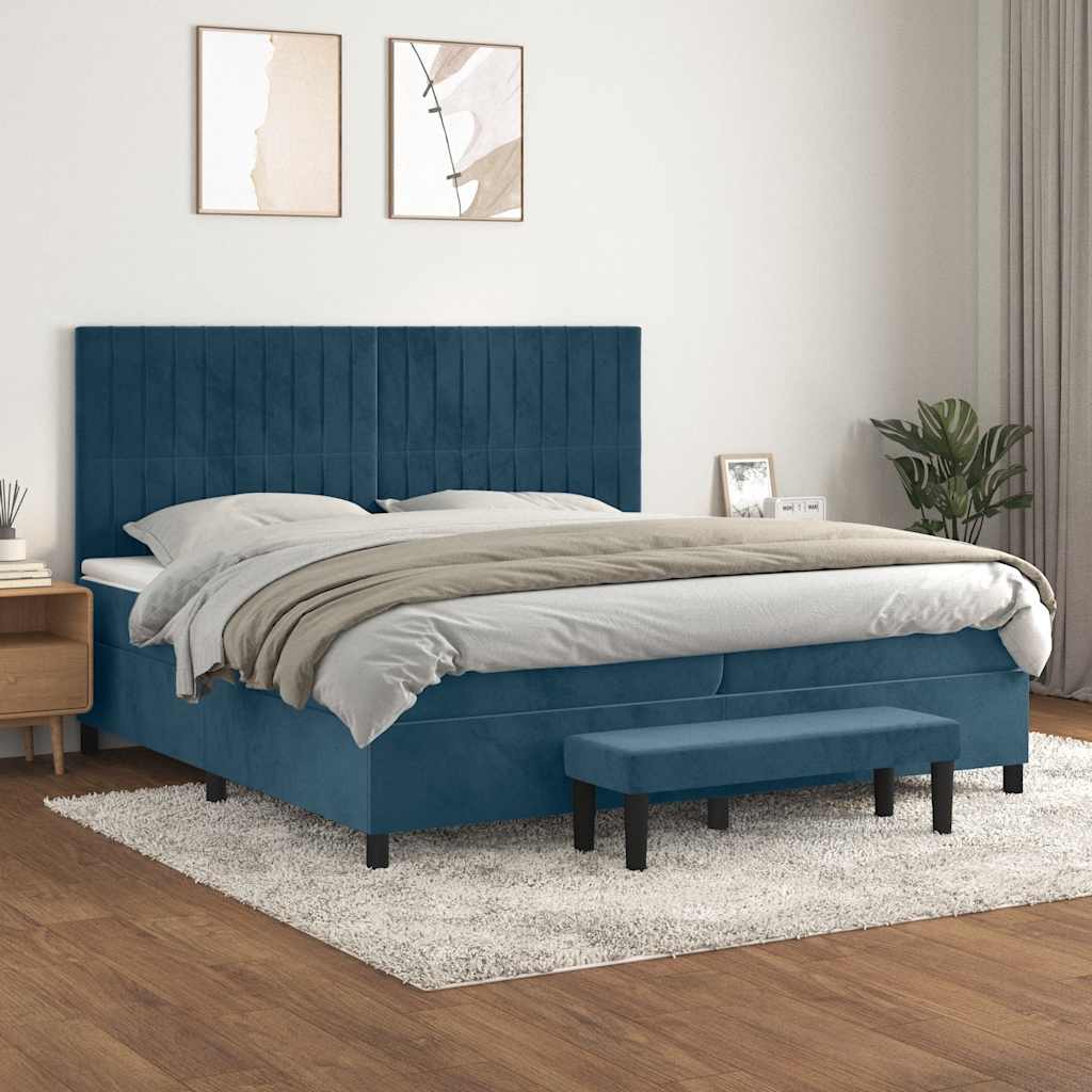 sötétkék bársony rugós ágy matraccal 200x200 cm