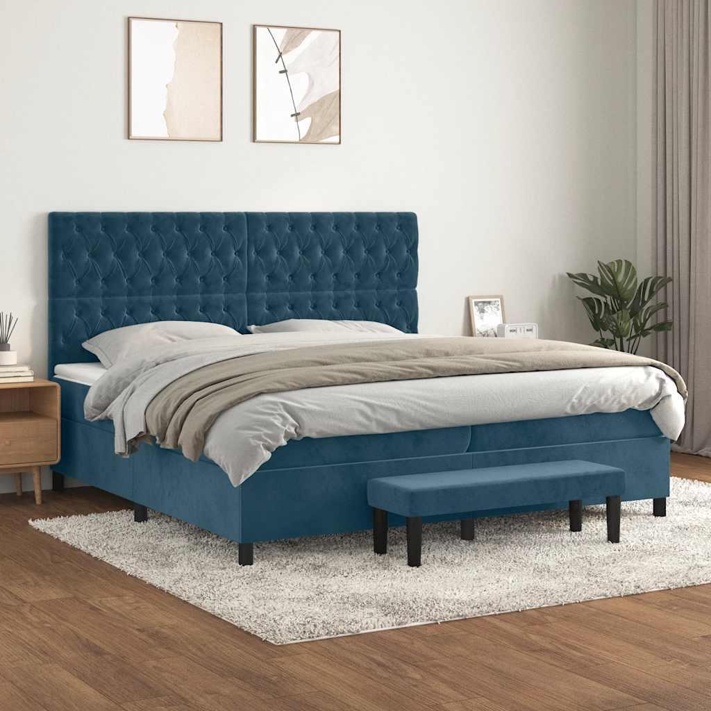 sötétkék bársony rugós ágy matraccal 200x200 cm
