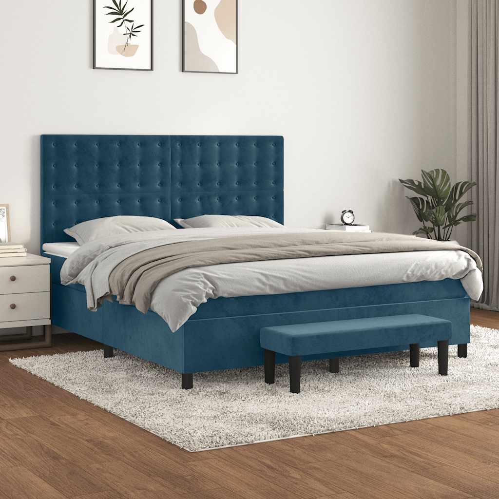 sötétkék bársony rugós ágy matraccal 160x200 cm