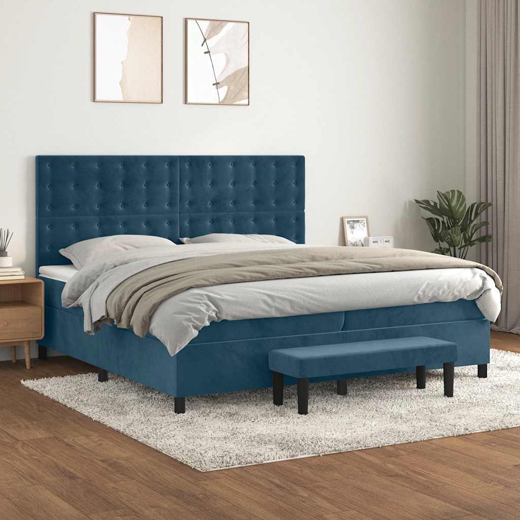 sötétkék bársony rugós ágy matraccal 200x200 cm