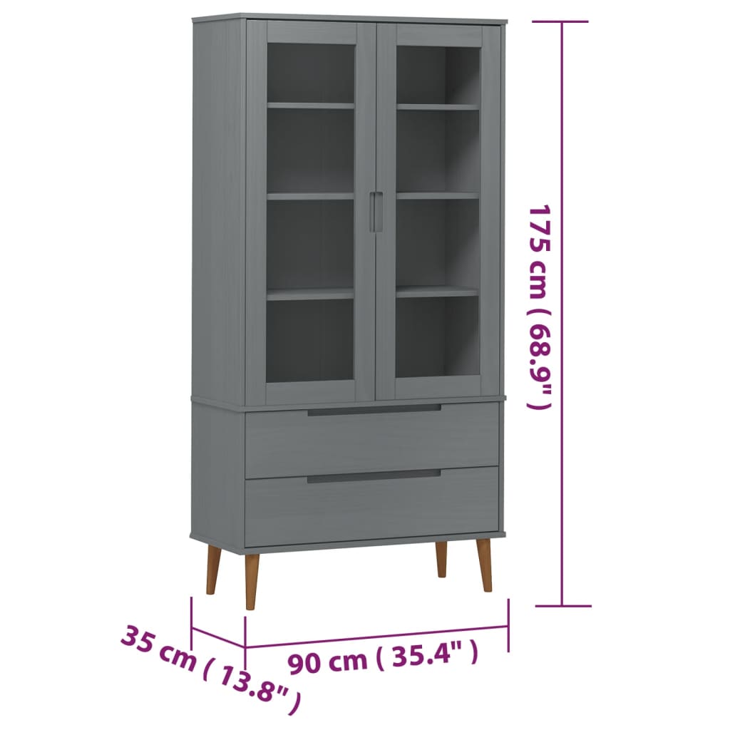 MOLDE szürke tömör fenyőfa vitrin szekrény 90 x 35 x 175 cm