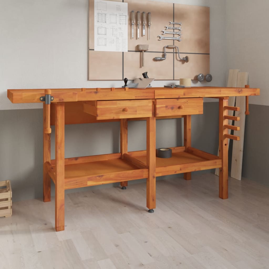 tömör akácfa munkapad fiókokkal és satukkal 192 x 62 x 83 cm