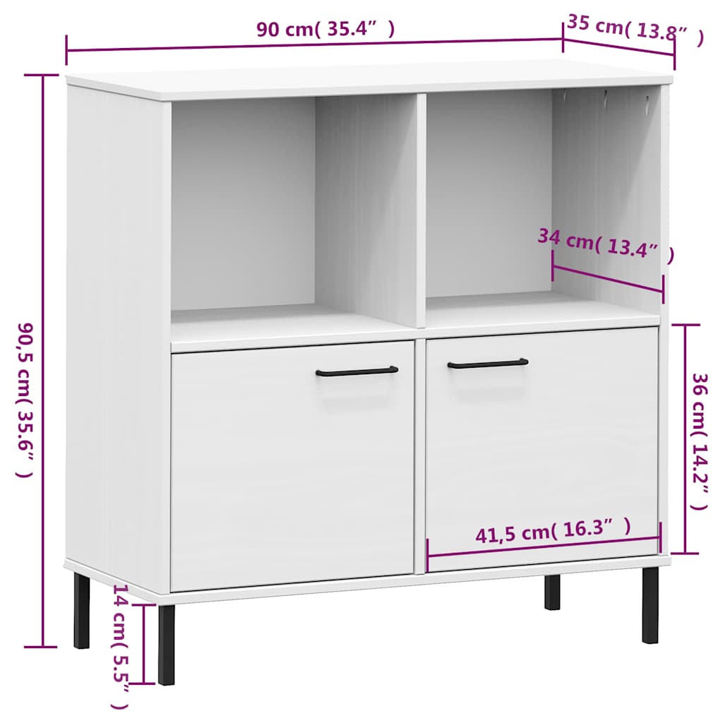 OSLO fehér tömör fa könyvszekrény fém lábakkal 90x35x90,5 cm