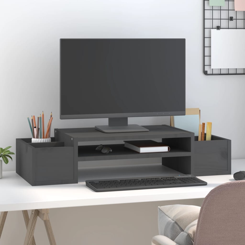 szürke tömör fenyőfa monitorállvány 70x27,5x15 cm