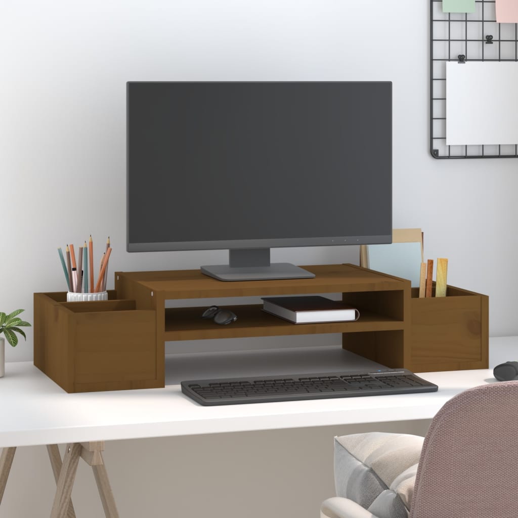 mézbarna tömör fenyőfa monitorállvány 70 x 27,5 x 15 cm