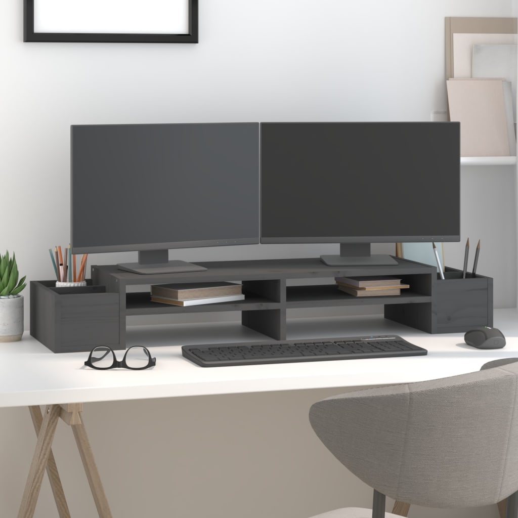 szürke tömör fenyőfa monitorállvány 100x27,5x15 cm