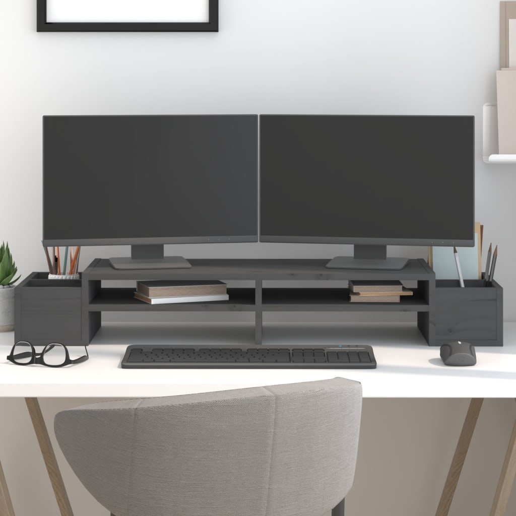szürke tömör fenyőfa monitorállvány 100x27,5x15 cm