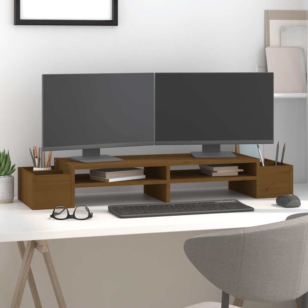 mézbarna tömör fenyőfa monitorállvány 100x27,5x15 cm