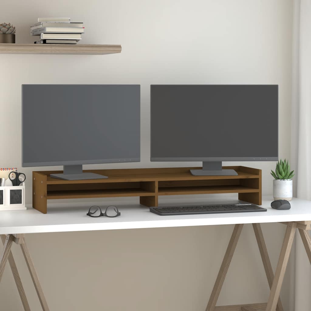 mézbarna tömör fenyőfa monitorállvány 100x24x16 cm
