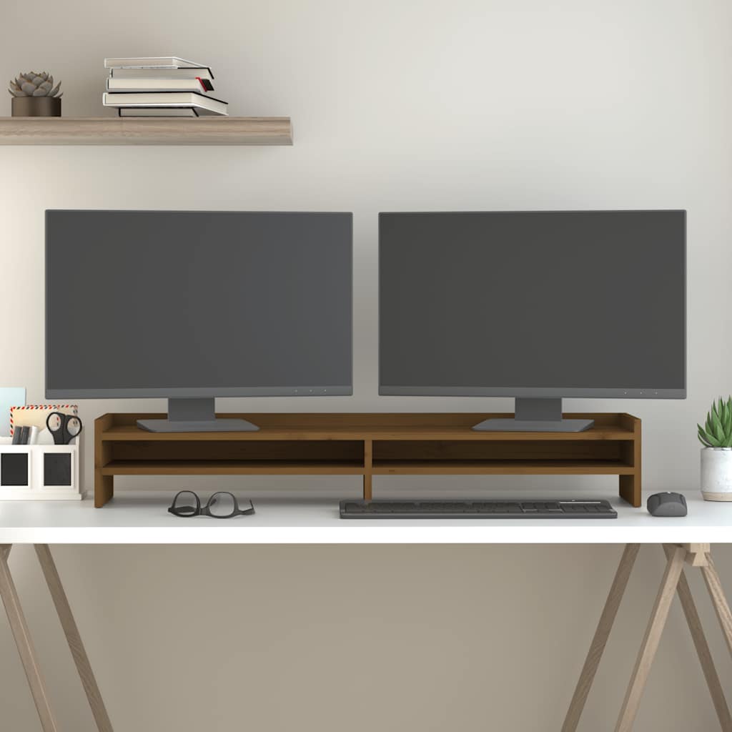 mézbarna tömör fenyőfa monitorállvány 100x24x16 cm