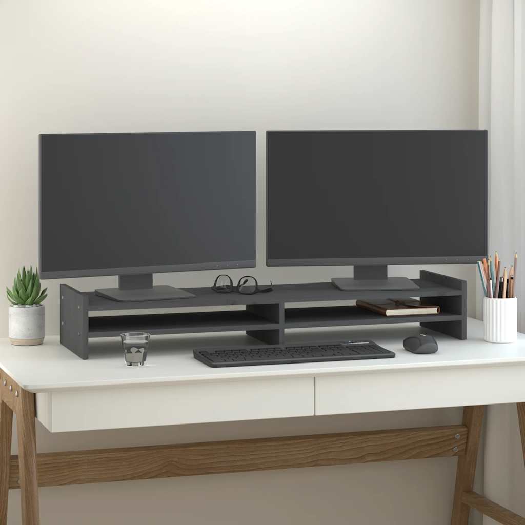 szürke tömör fenyőfa monitorállvány 100 x 27 x 15 cm