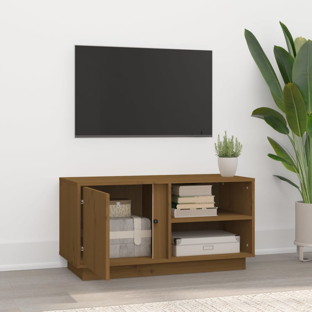 mézbarna tömör fenyőfa TV-szekrény 80x35x40,5 cm
