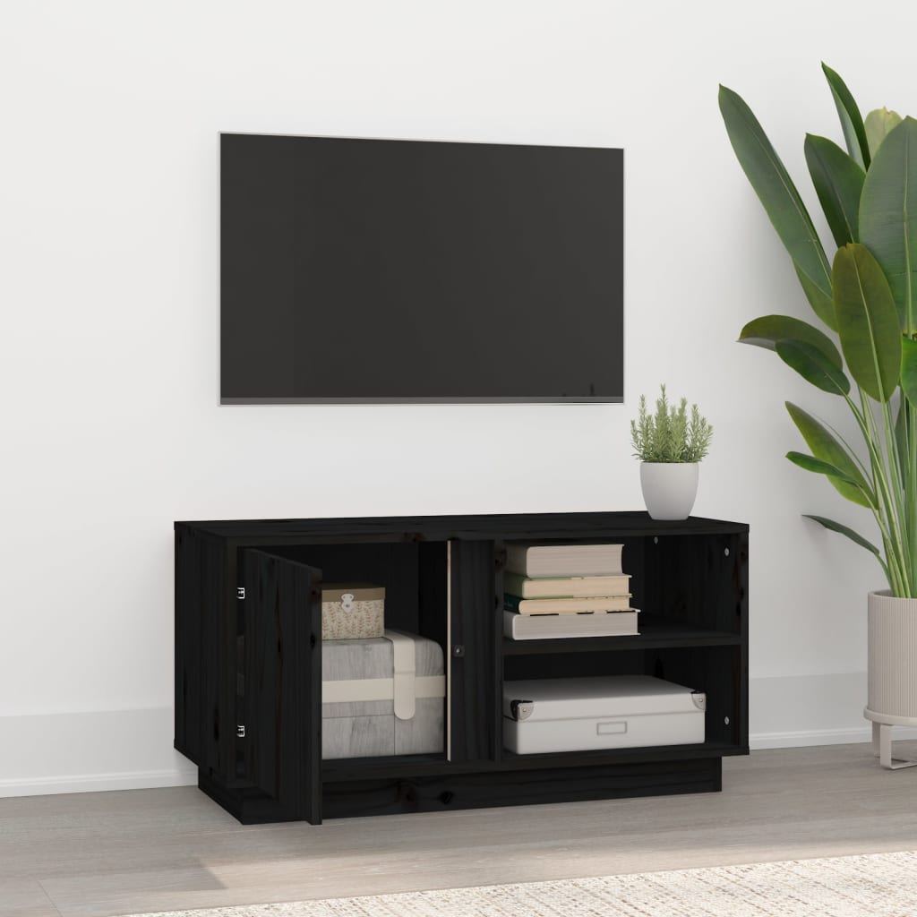 fekete tömör fenyőfa TV-szekrény 80 x 35 x 40,5 cm