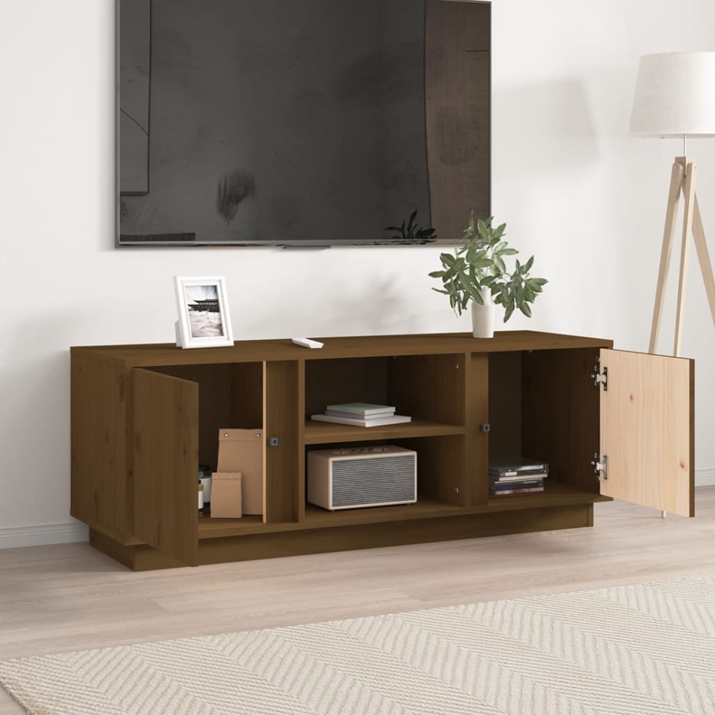 mézbarna tömör fenyőfa TV-szekrény 110 x 35 x 40,5 cm