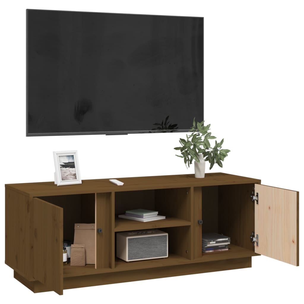 mézbarna tömör fenyőfa TV-szekrény 110 x 35 x 40,5 cm
