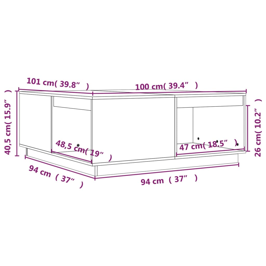 tömör fenyőfa dohányzóasztal 100 x 101 x 40,5 cm
