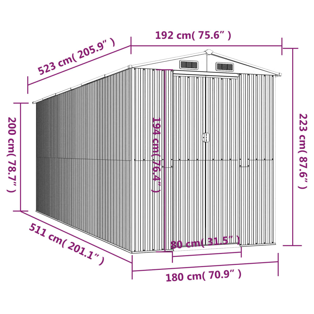 sötétbarna horganyzott acél kerti fészer 192 x 523 x 223 cm