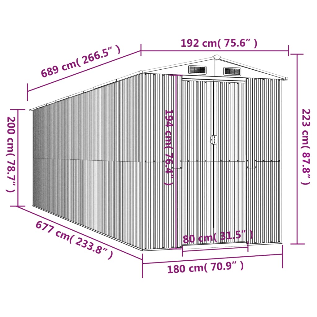 sötétbarna horganyzott acél kerti fészer 192 x 689 x 223 cm