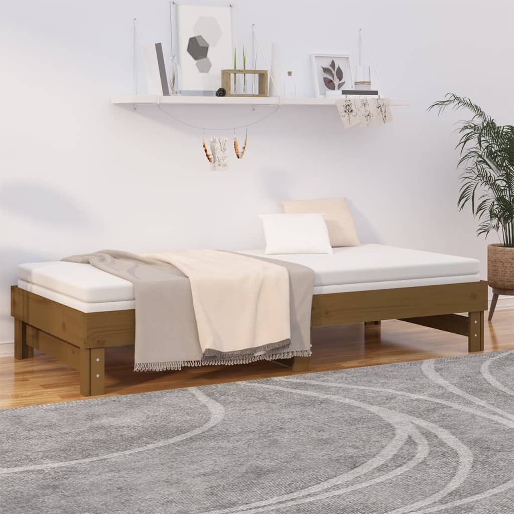 mézbarna tömör fenyőfa kihúzható kanapéágy 2x(100x200) cm