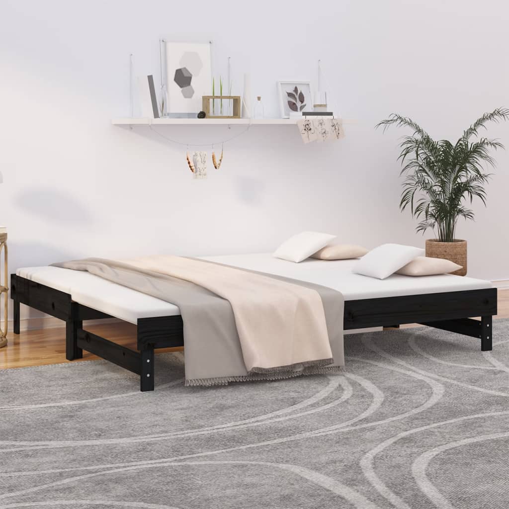 fekete tömör fenyőfa kihúzható kanapéágy 2x(100x200) cm