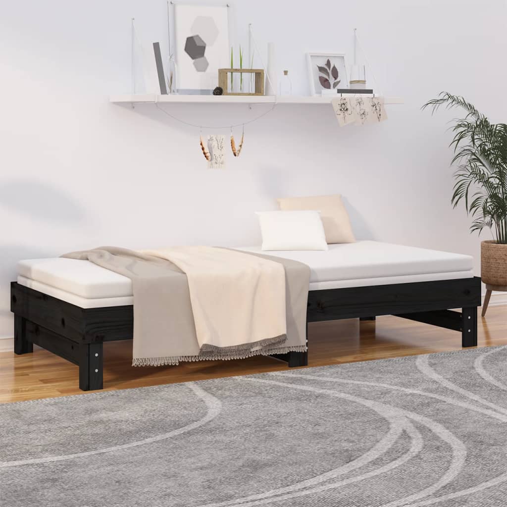 fekete tömör fenyőfa kihúzható kanapéágy 2 x (90 x 200) cm