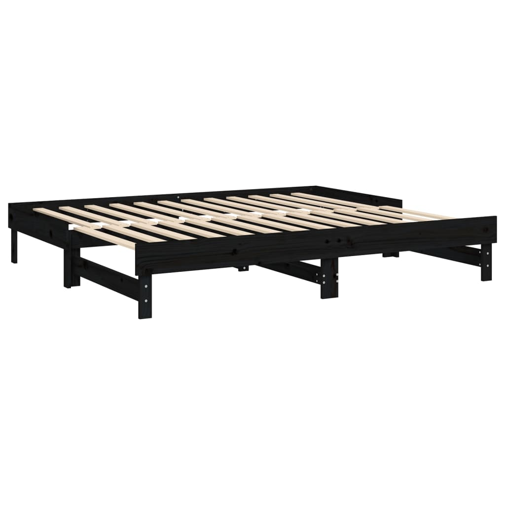 fekete tömör fenyőfa kihúzható kanapéágy 2 x (90 x 200) cm