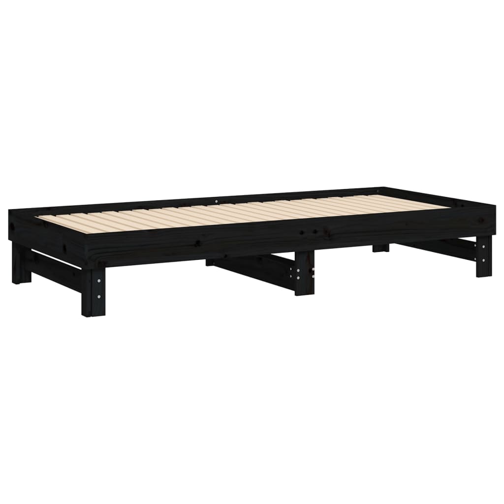fekete tömör fenyőfa kihúzható kanapéágy 2 x (90 x 200) cm