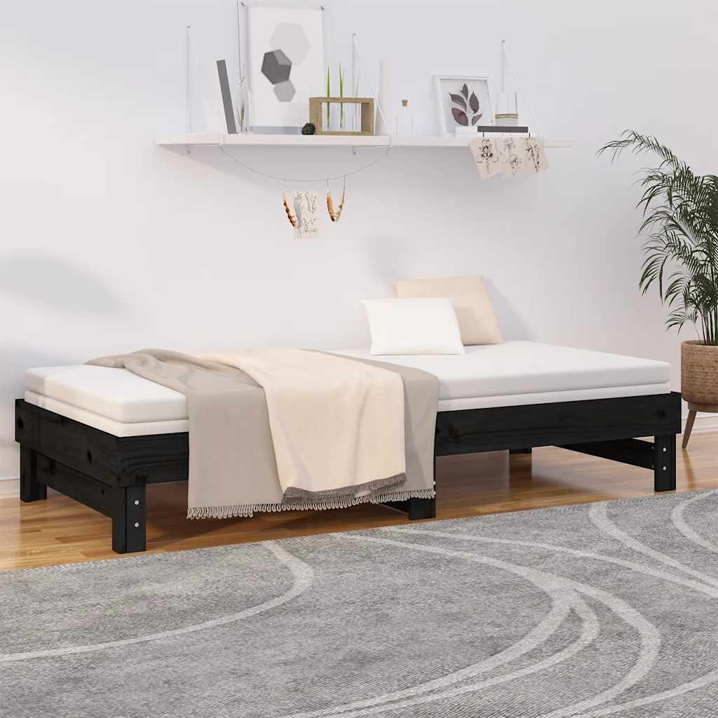fekete tömör fenyőfa kihúzható kanapéágy 2 x (80 x 200) cm