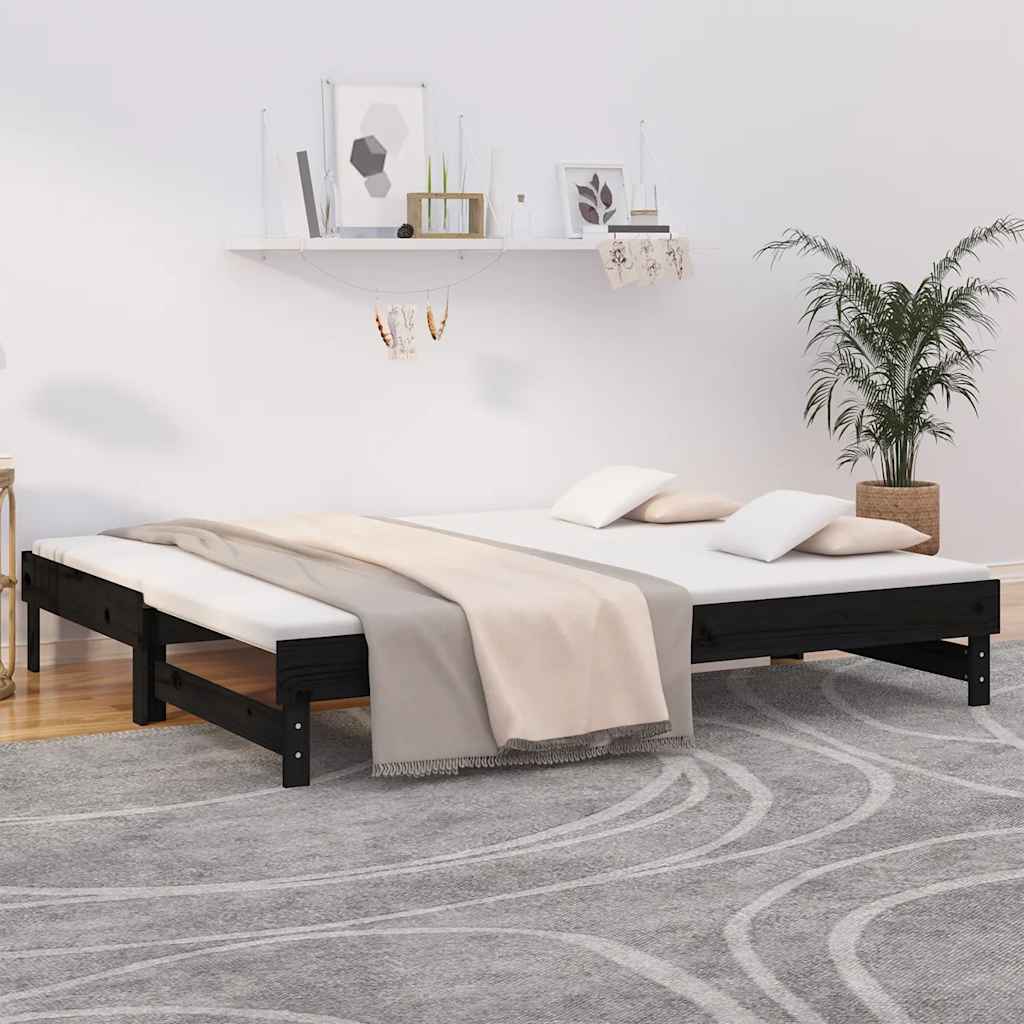 fekete tömör fenyőfa kihúzható kanapéágy 2 x (80 x 200) cm