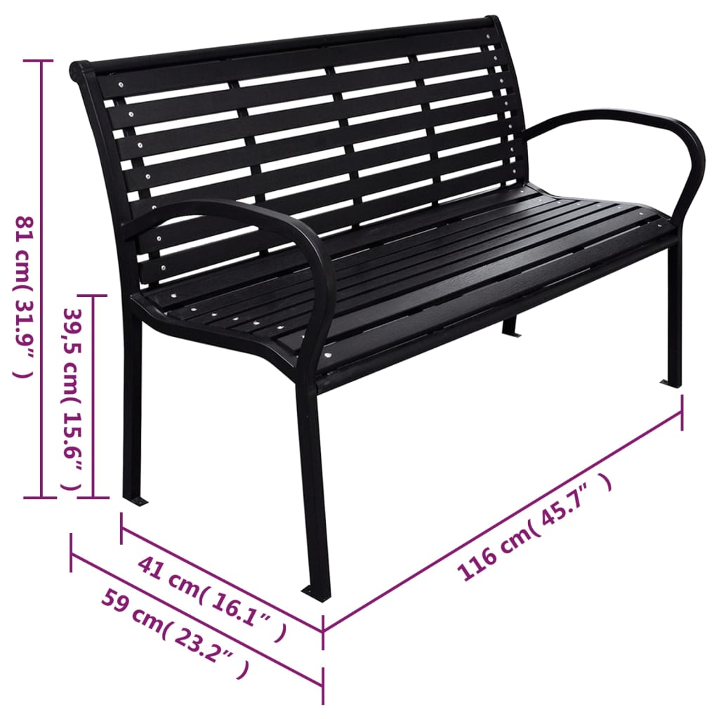 fekete acél és WPC kerti pad 116 cm