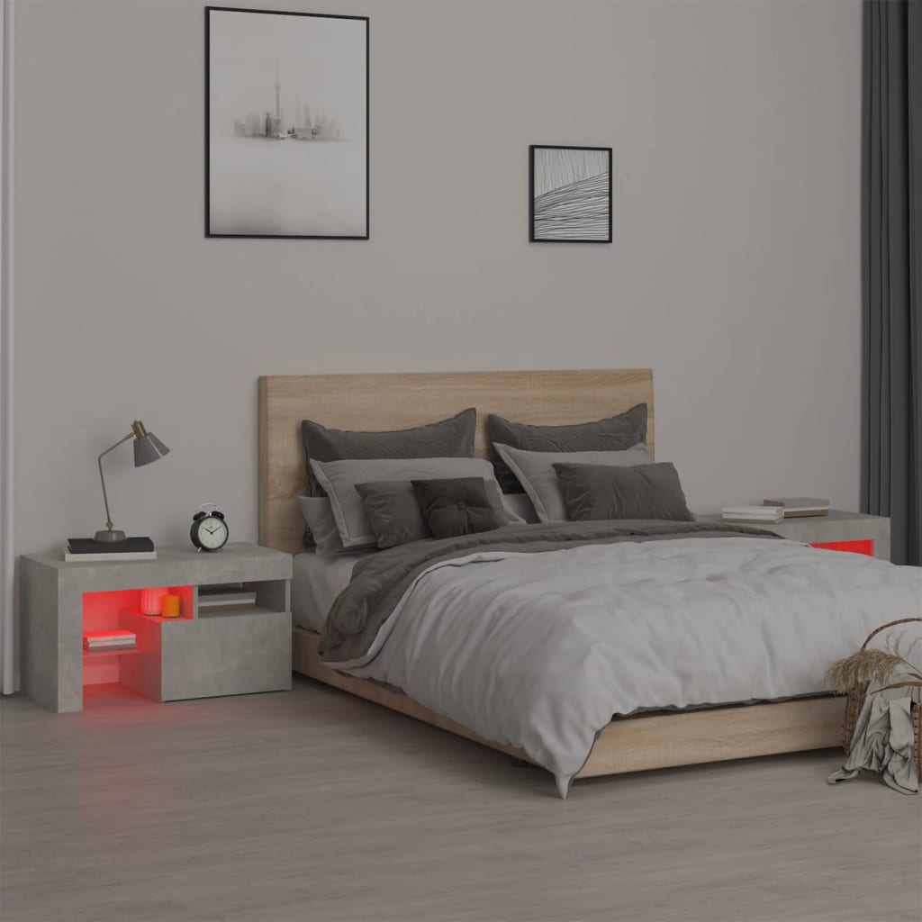 2 db betonszürke LED-lámpás éjjeliszekrény 70x36,5x40 cm