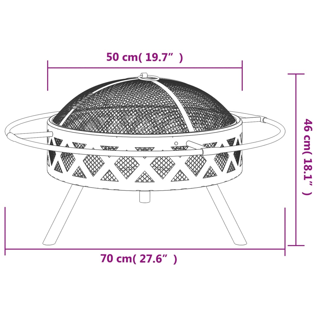 acél XXL méretű tűztál piszkavassal 70 cm