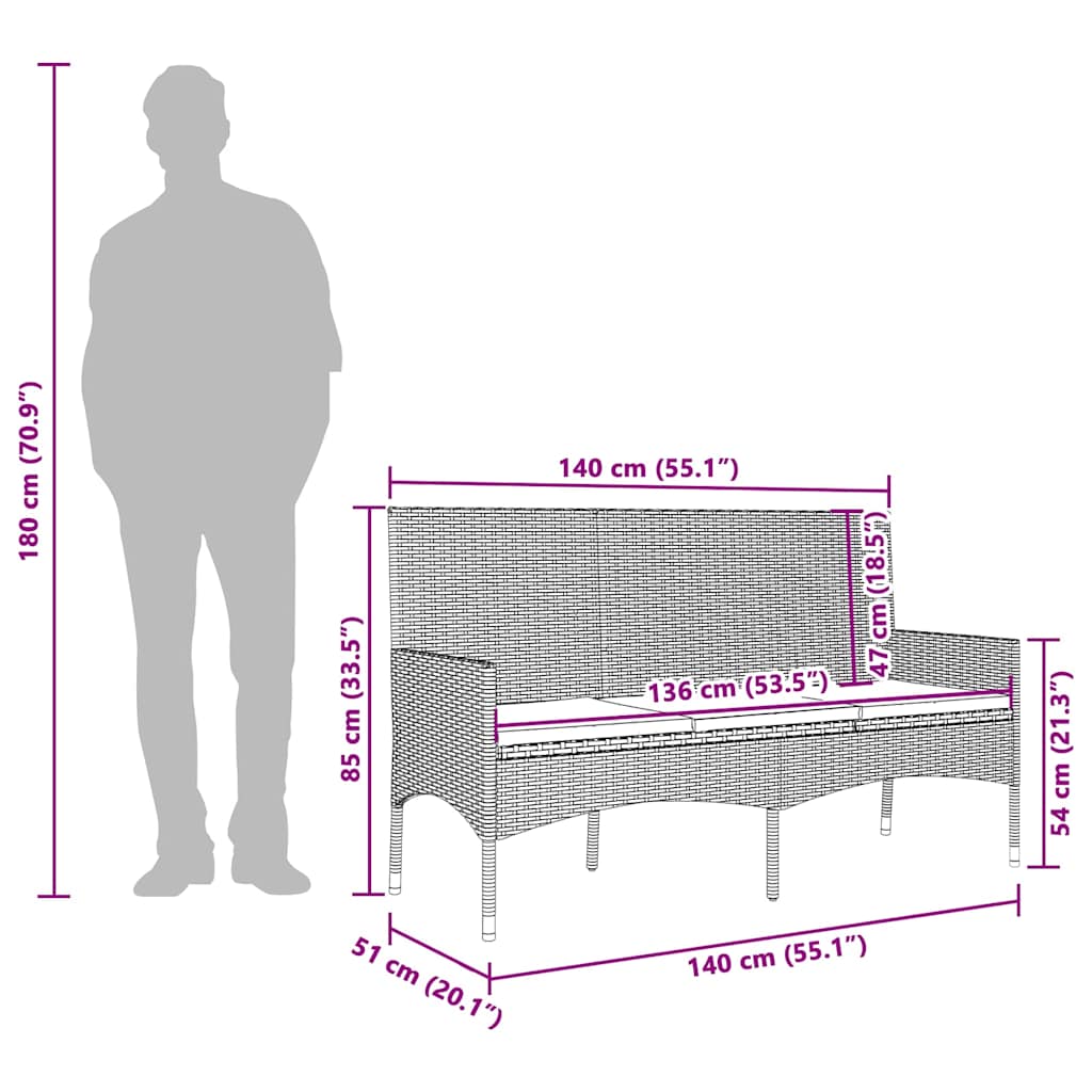 3 személyes szürke polyrattan kerti kanapé párnával