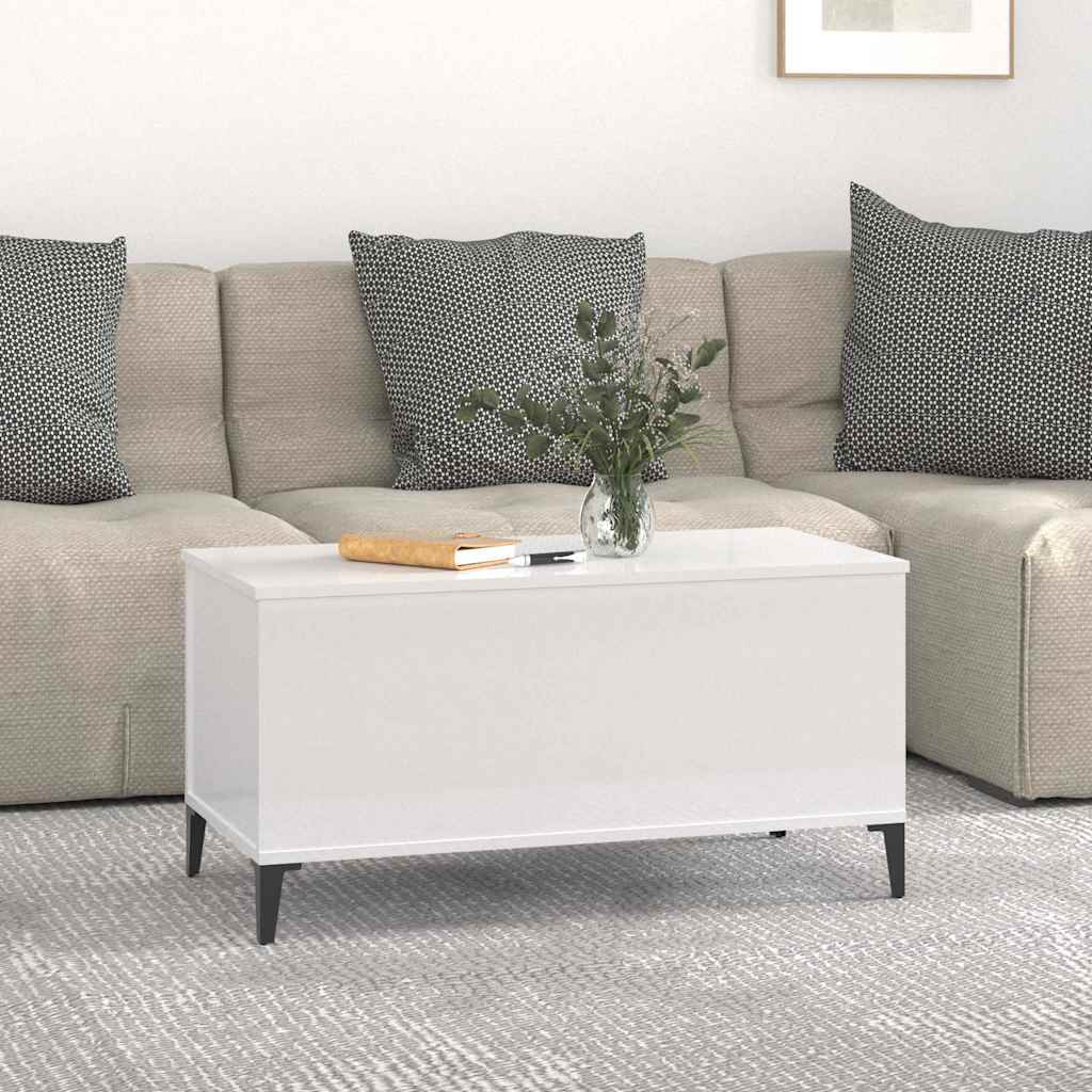 magasfényű fehér szerelt fa dohányzóasztal 90x44,5x45 cm
