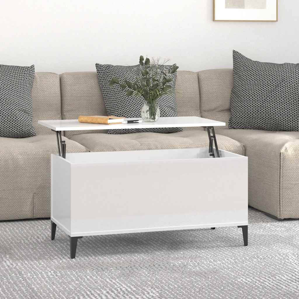 magasfényű fehér szerelt fa dohányzóasztal 90x44,5x45 cm