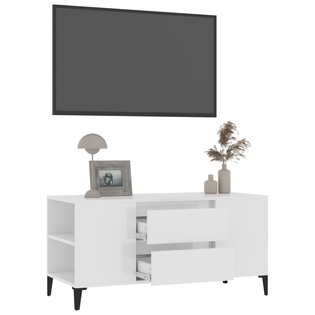 fehér magasfényű szerelt fa TV-szekrény 102x44,5x50 cm