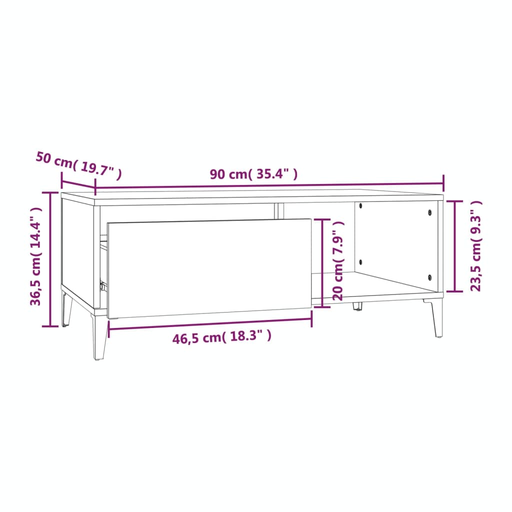 betonszürke szerelt fa dohányzóasztal 90x50x36,5 cm