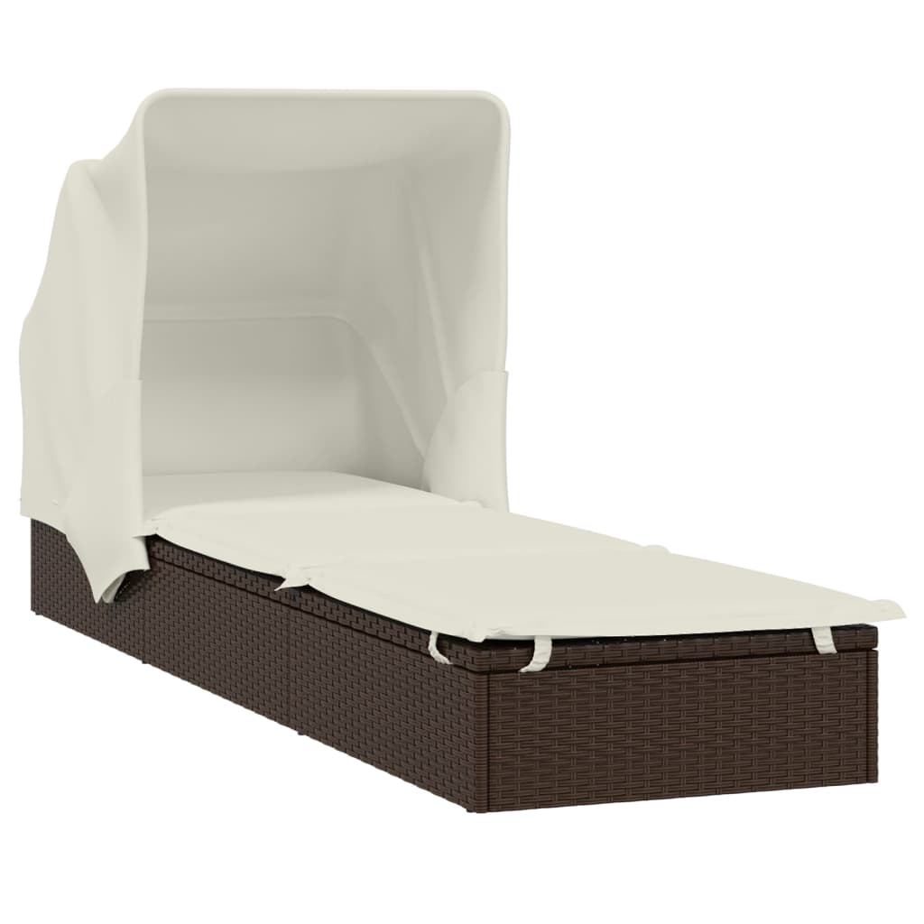 barna polyrattan napozóágy összecsukható tetővel 213x63x97 cm