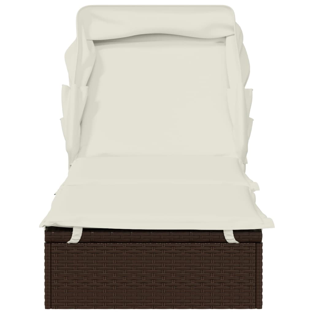 barna polyrattan napozóágy összecsukható tetővel 213x63x97 cm