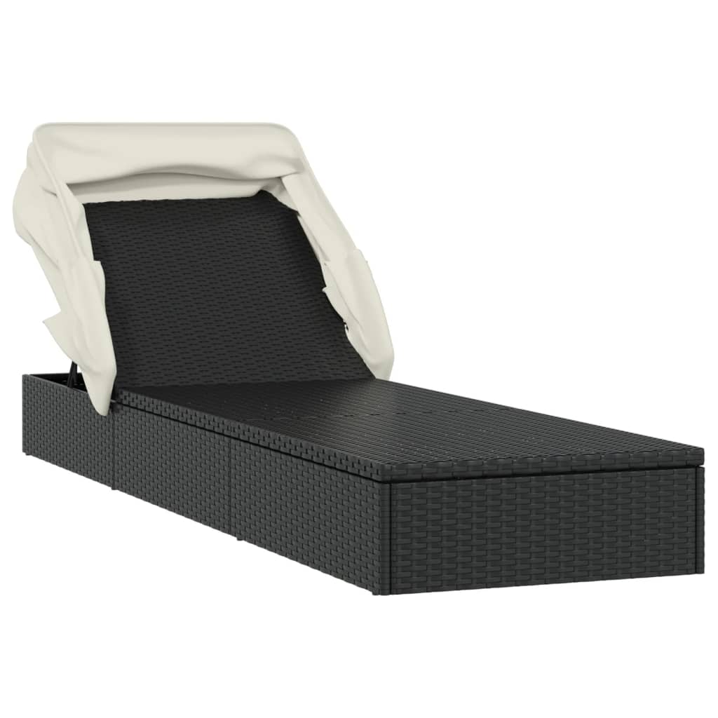 fekete polyrattan napozóágy összecsukható tetővel 213x63x97 cm