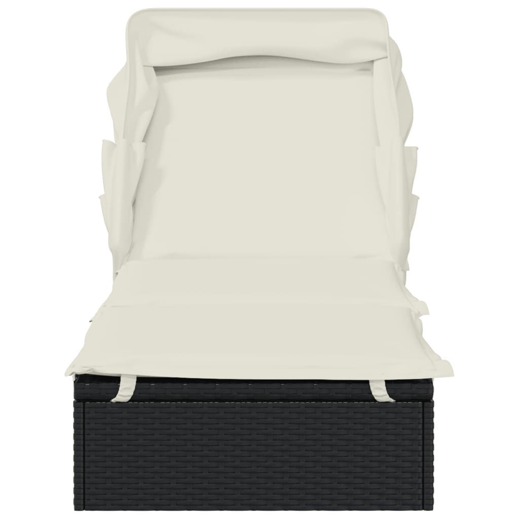 fekete polyrattan napozóágy összecsukható tetővel 213x63x97 cm