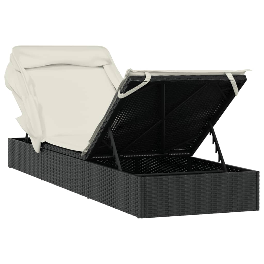 fekete polyrattan napozóágy összecsukható tetővel 213x63x97 cm
