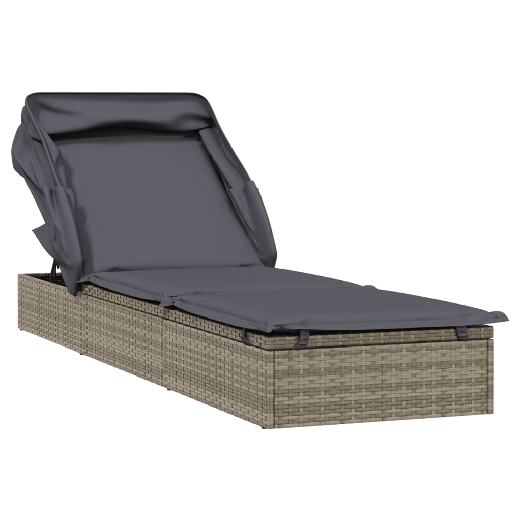 szürke polyrattan napozóágy összecsukható tetővel 213x63x97 cm