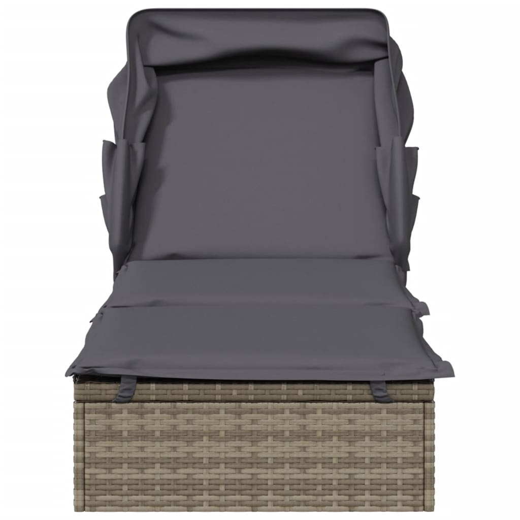szürke polyrattan napozóágy összecsukható tetővel 213x63x97 cm