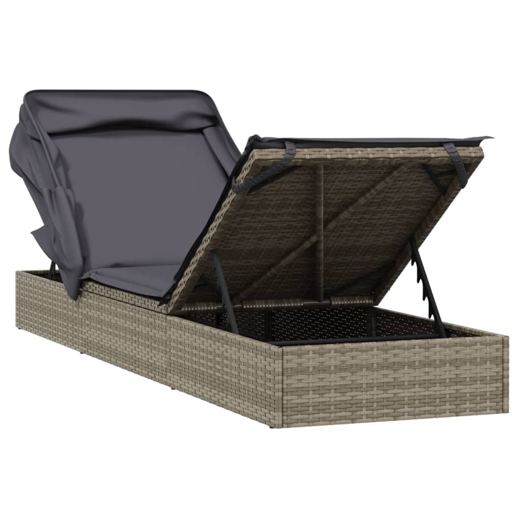 szürke polyrattan napozóágy összecsukható tetővel 213x63x97 cm